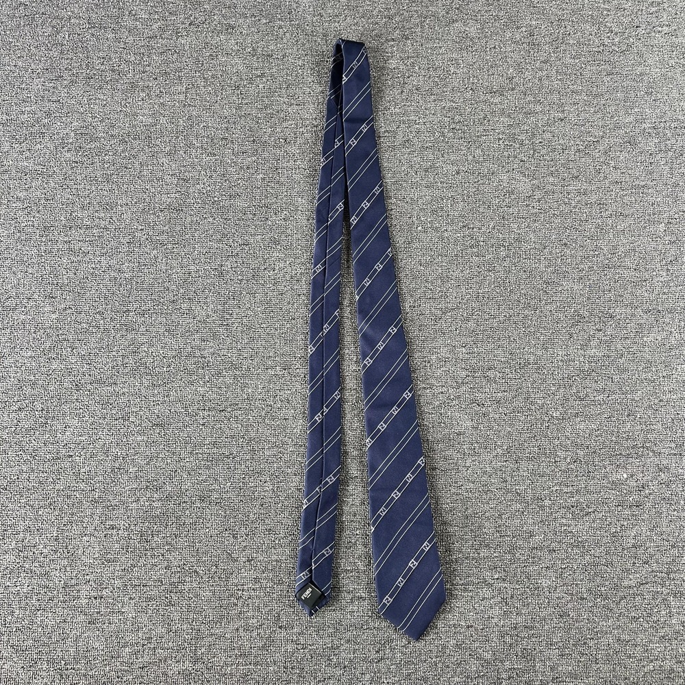 Fendi Tie Mens Blue Silk Striped FF Logo Made In Italy Classic Formal Necktie